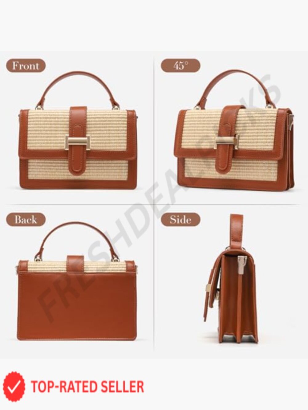 Straw Woven Crossbody Bag Vegan Leather Patchwork Summer Purse Top Handle - Picture 4 of 6